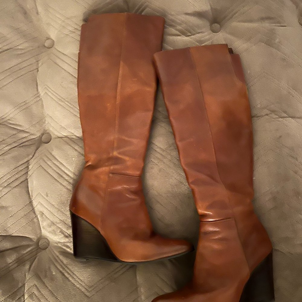Stuart Weitzman Vim Knee High Wedge Boot, Cognac, Size 4.5